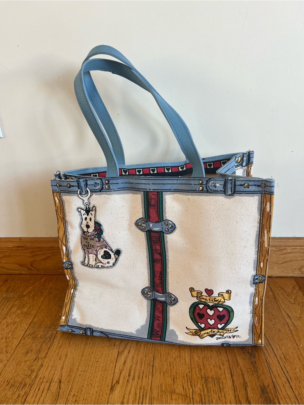 Brighton White Canvas Tote with Blue Straps and Heart Motif